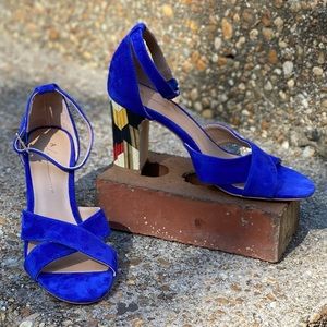 Anthropologie NWOT Blue Suede Leather Art Deco Printed Block Heel Sandals